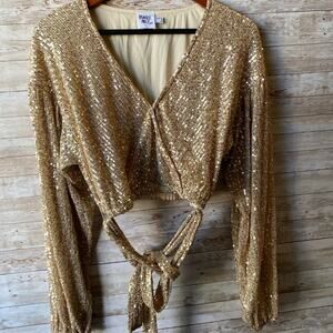Princess Polly Dancing Queen Gold Sequin Wrap Top Size 8